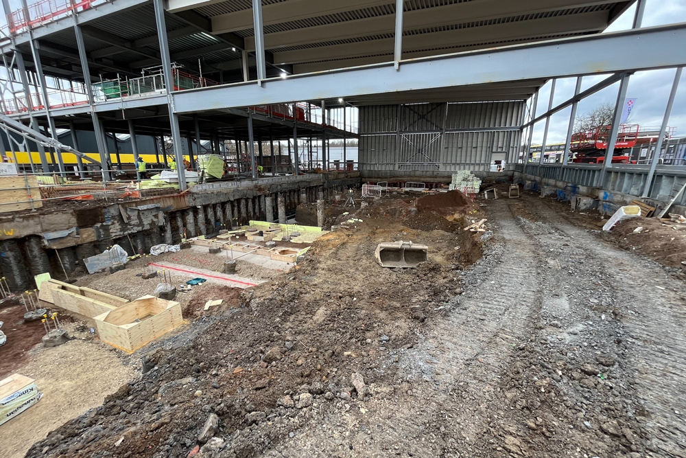 Steel frame and foundations on a construction site
