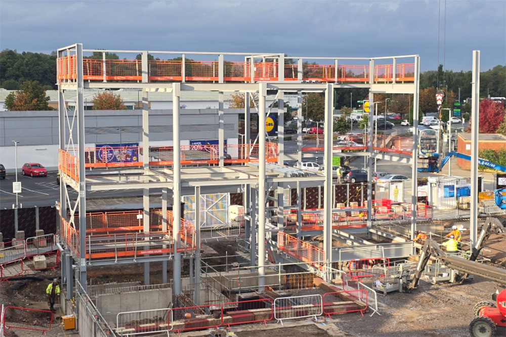 Steel building frame on a construction site