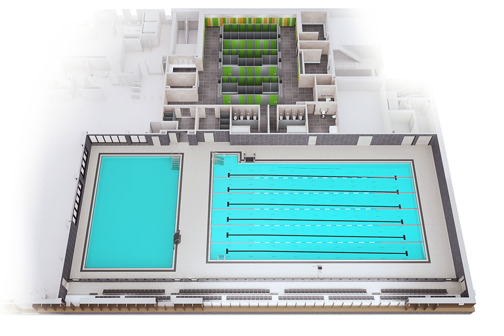 Overhead plan of a large and small swimming pool and adjoining changing rooms