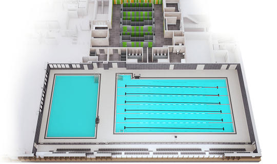 Overhead plan of a large and small swimming pool and adjoining changing rooms