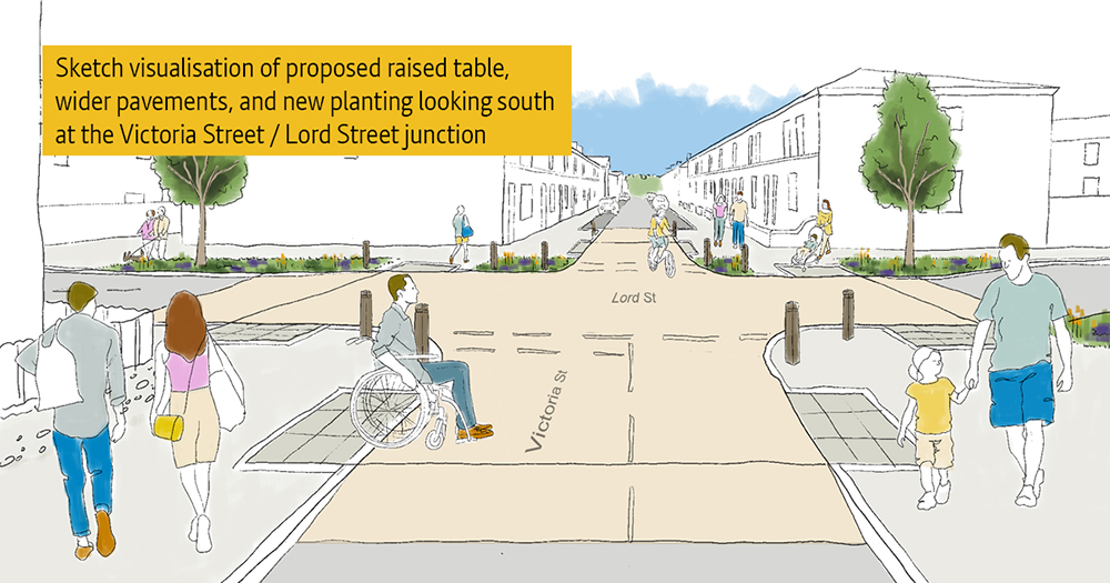 Computer generated image of a crossroads and people walking along pavements