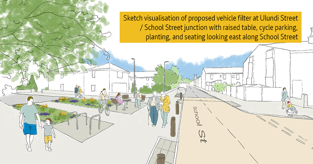 Computer generated image of a road and people walking along pavements