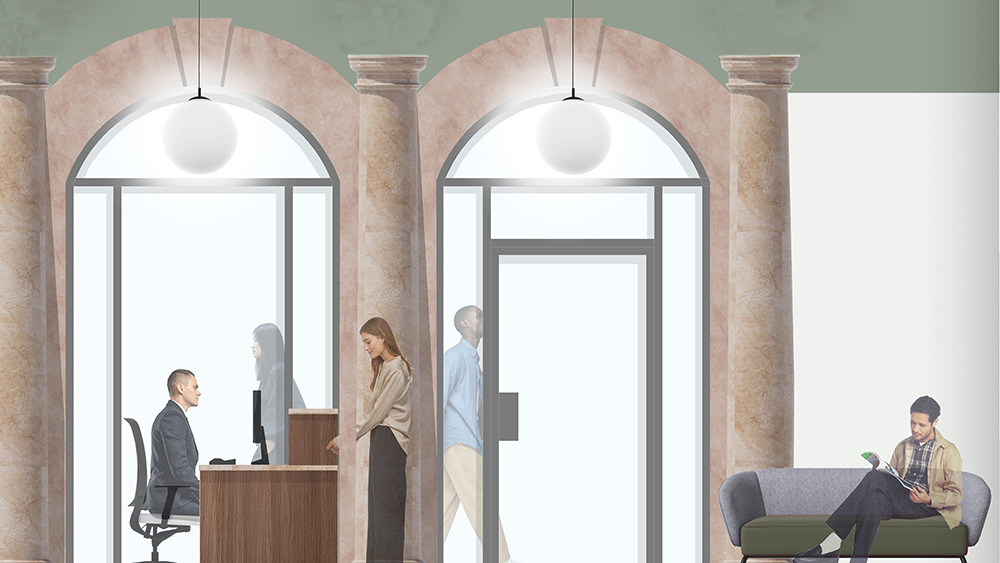 Computer generated image of people in a room with large windows and a reception desk