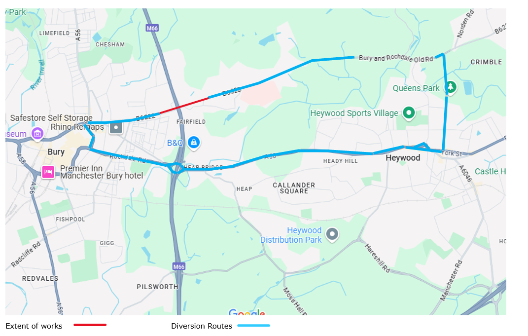 Map showing the diversion route - description is on the webpage