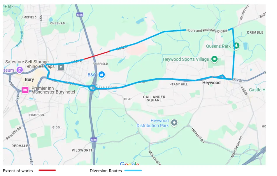 Map showing the diversion route - description is on the webpage