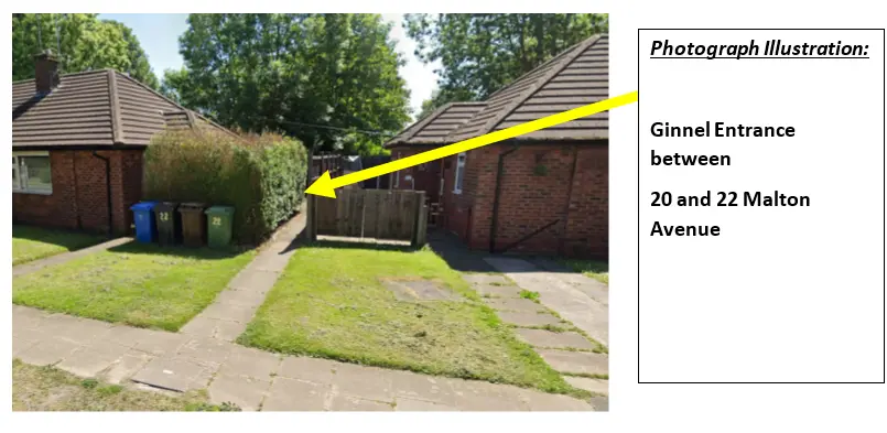 Photograph showing the ginnel entrance from Malton Avenue