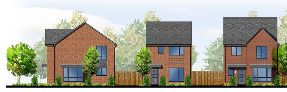 Computer generated graphic of three red brick houses in a row