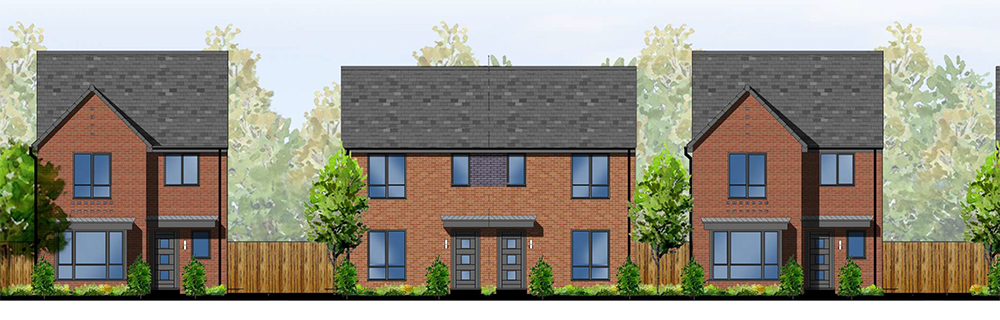 Computer generated graphic of three red brick houses in a row