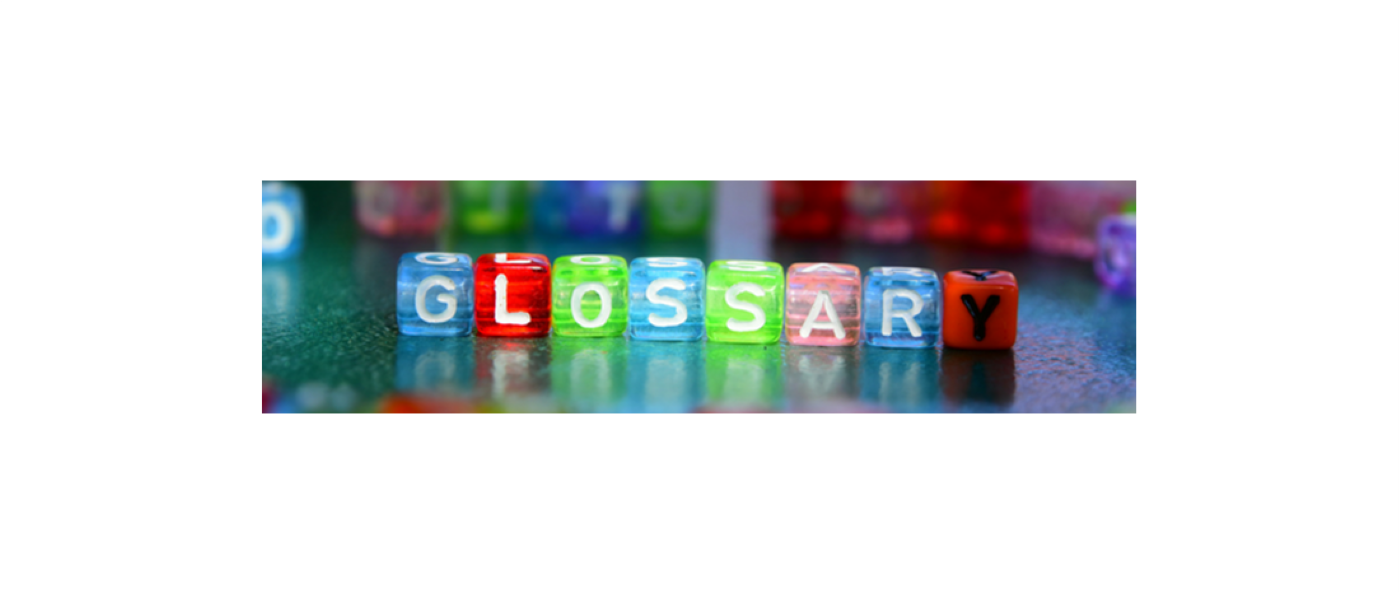 The word glossary written on colourful square glass beads