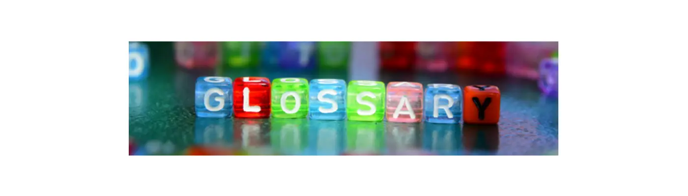 The word glossary written on colourful square beads