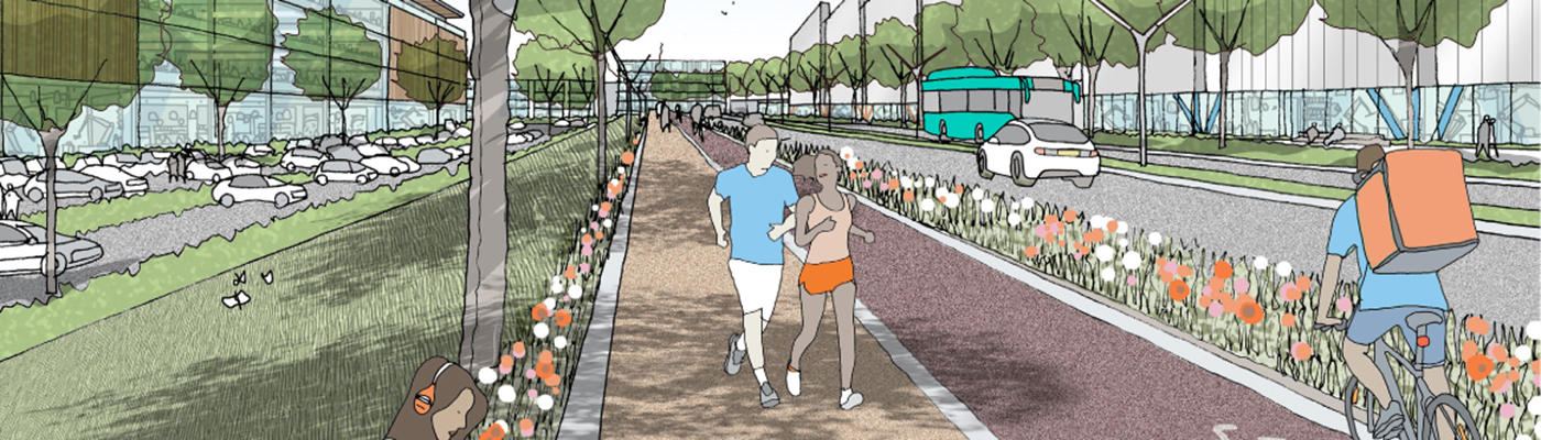 An artist sketch of a road with a cycle lane and footpath running alongside it lined with trees and flowers. There are people on the footpath, a cyclist on the cycle lane and a bus and car on the road.