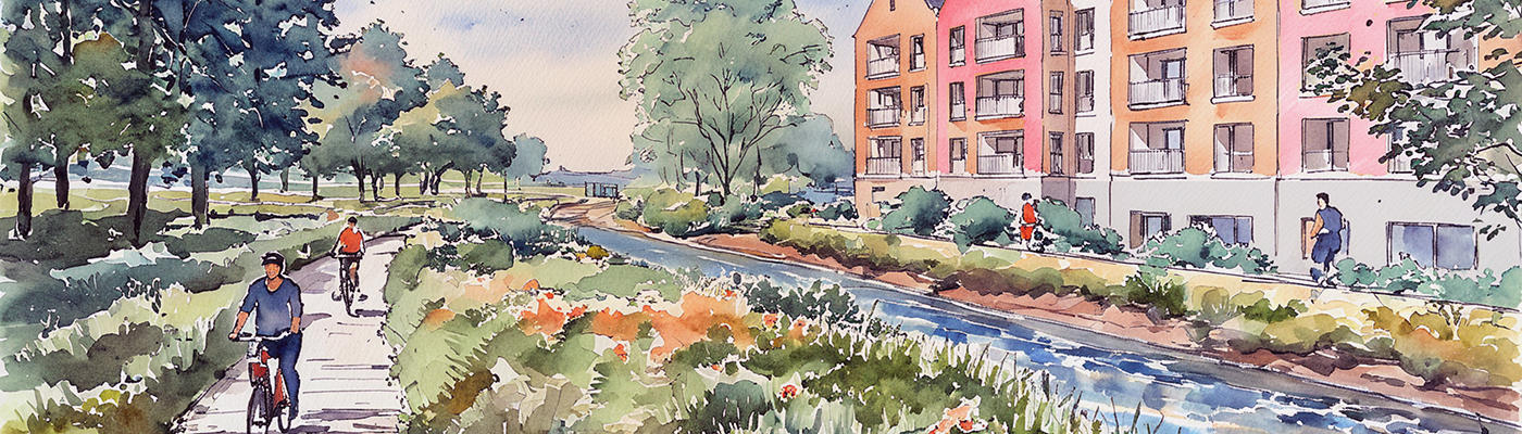 An artist's sketch of a pathway, trees and buildings running alongside a river. People are walking and cycling on the paths.