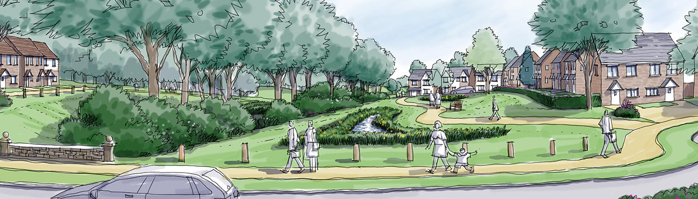 An artist's sketch of a road, a cycle lane and a bus stop, surrounded by trees and houses