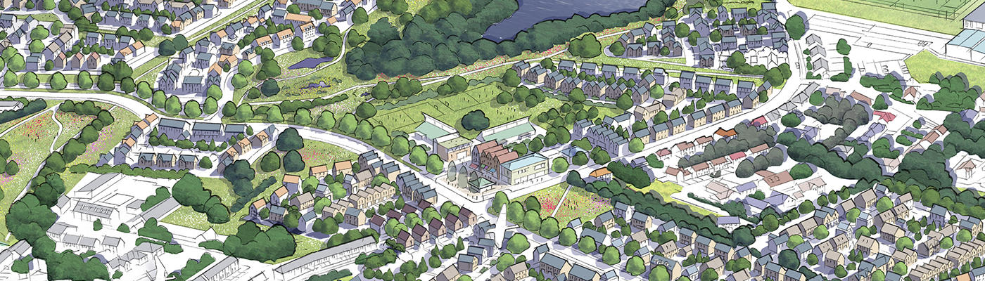 An artist's sketch of of a town including houses, buildings, trees and green space