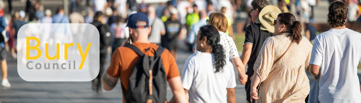 Bury council logo, crowd of people