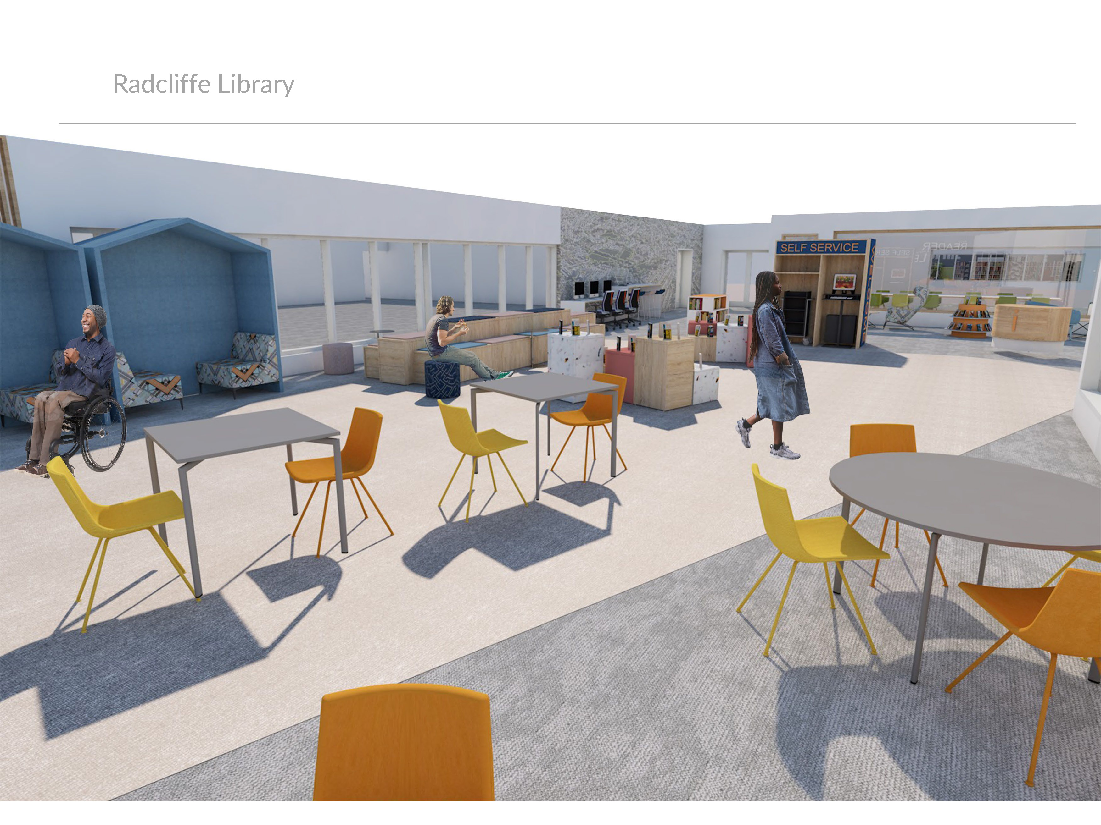 Computer generated image of a library floor with tables and colourful chairs.