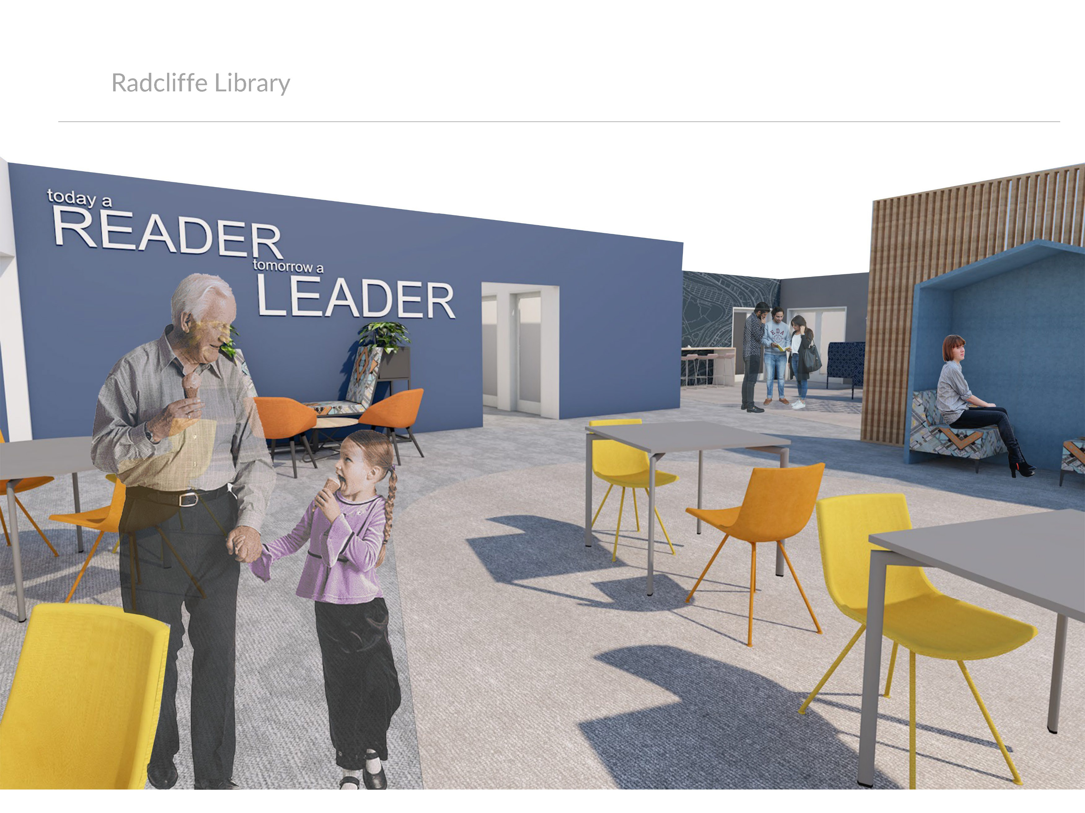 Computer generated image of an elderly man and young girl in a library with colourful chairs.