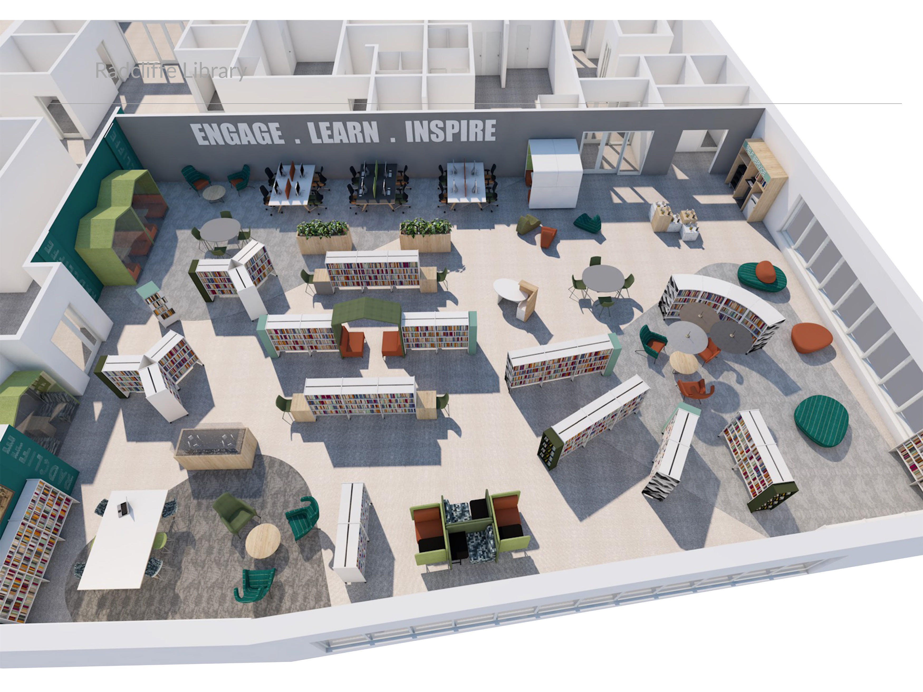 Computer generated image of a library floor with bookshelves, tables and colourful chairs.