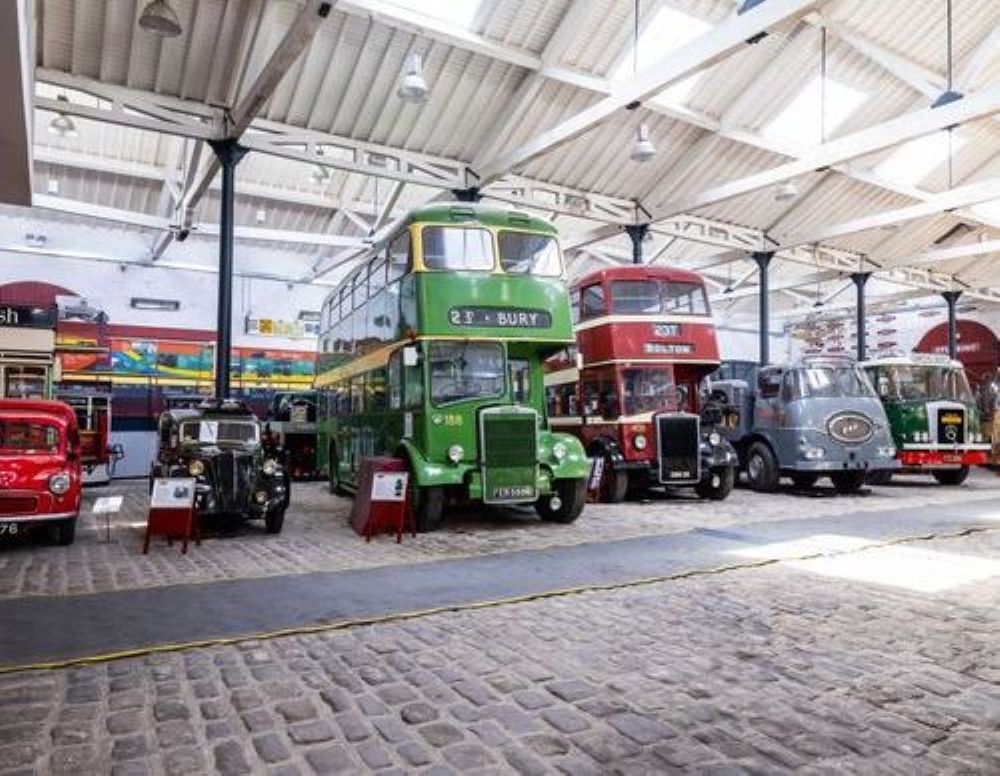 A selection of vintage busses and cars on display.