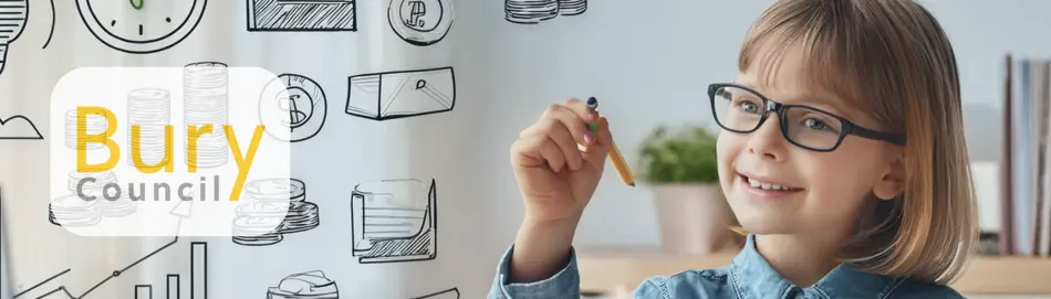 A smiling young girl drawing pictures of money on a whiteboard