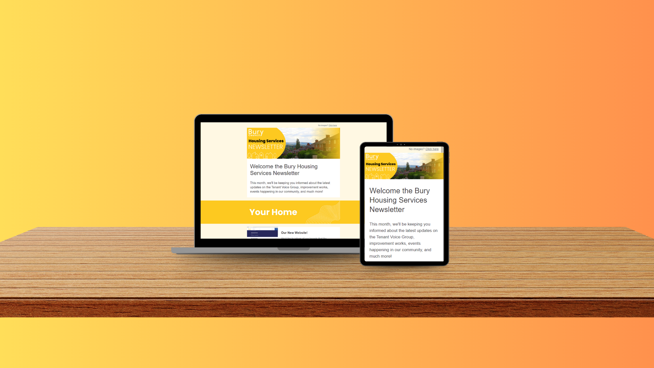 Laptop and iPad showing the Bury Housing Services e-newsletter