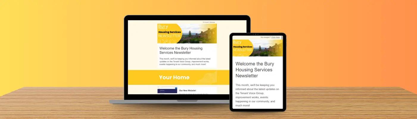 Laptop and iPad showing the Bury Housing Services e-newsletter