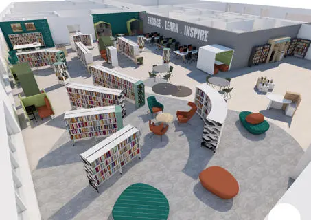 Computer generated image of a library floor with bookshelves, tables and colourful chairs.